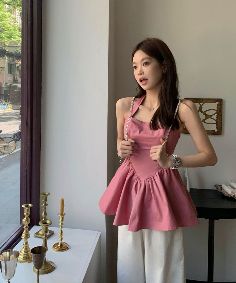코튼 홀터넥 플레어 블라우스 - 블랙S 빠른배송 추가 이미지 1