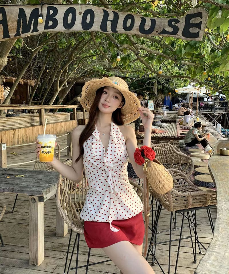 레드 도트 프릴셔링 홀터 블라우스 대표 이미지
