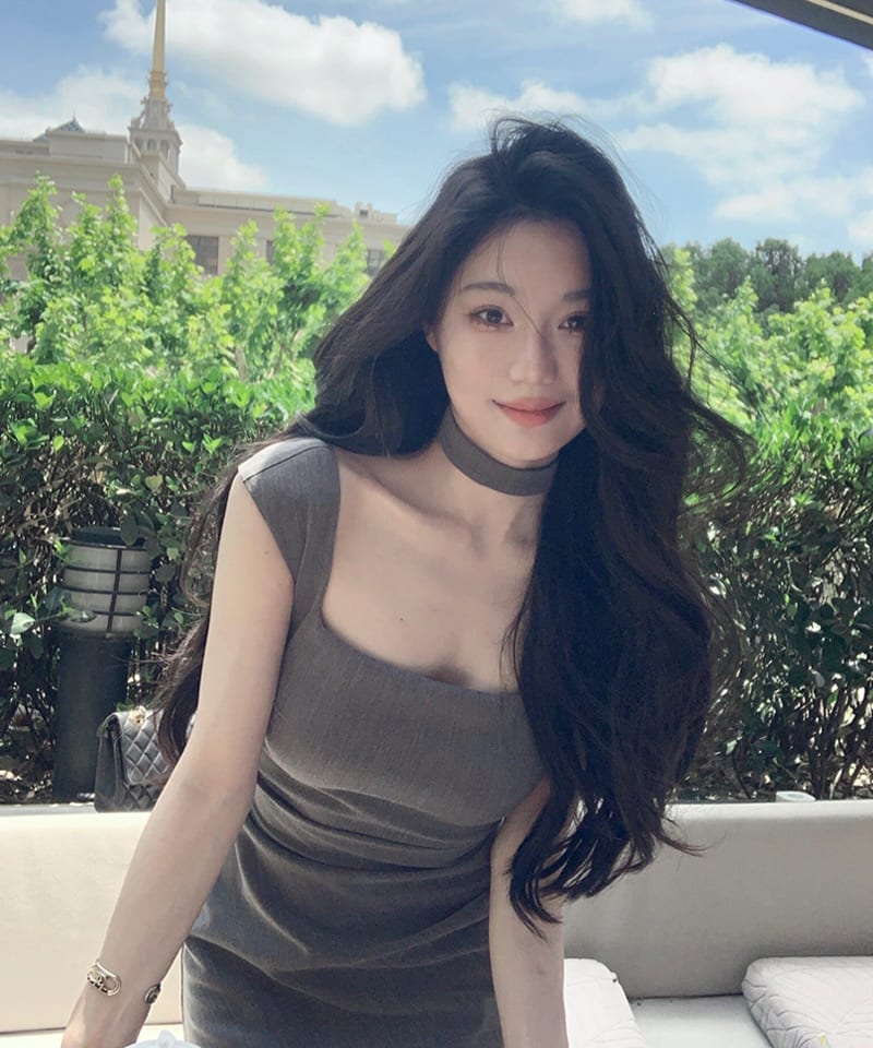 그레이 스퀘어넥 초커 롱원피스 추가 이미지 3