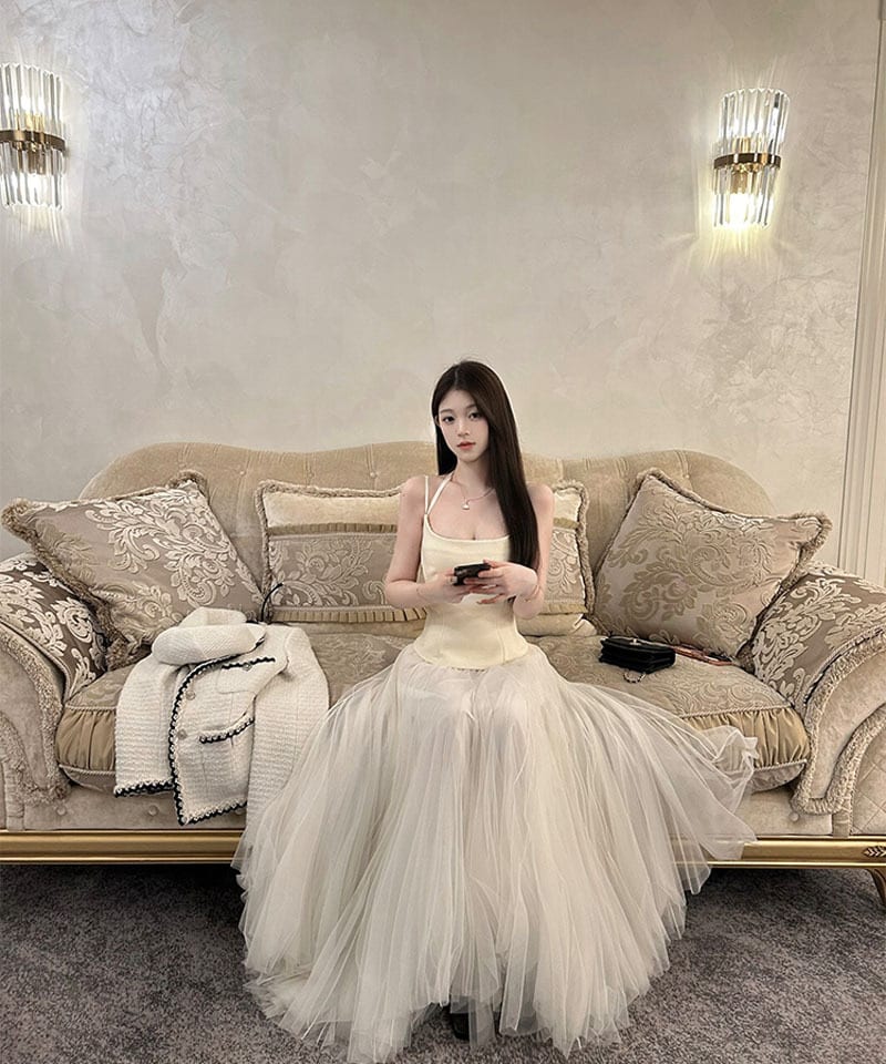 레이스 쉬폰 플레어 롱스커트 추가 이미지 4