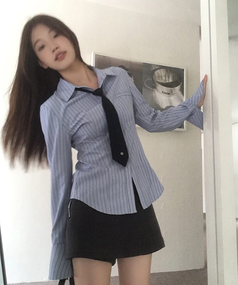 블루 스트라이프 숏타이 셔츠 추가 이미지 1