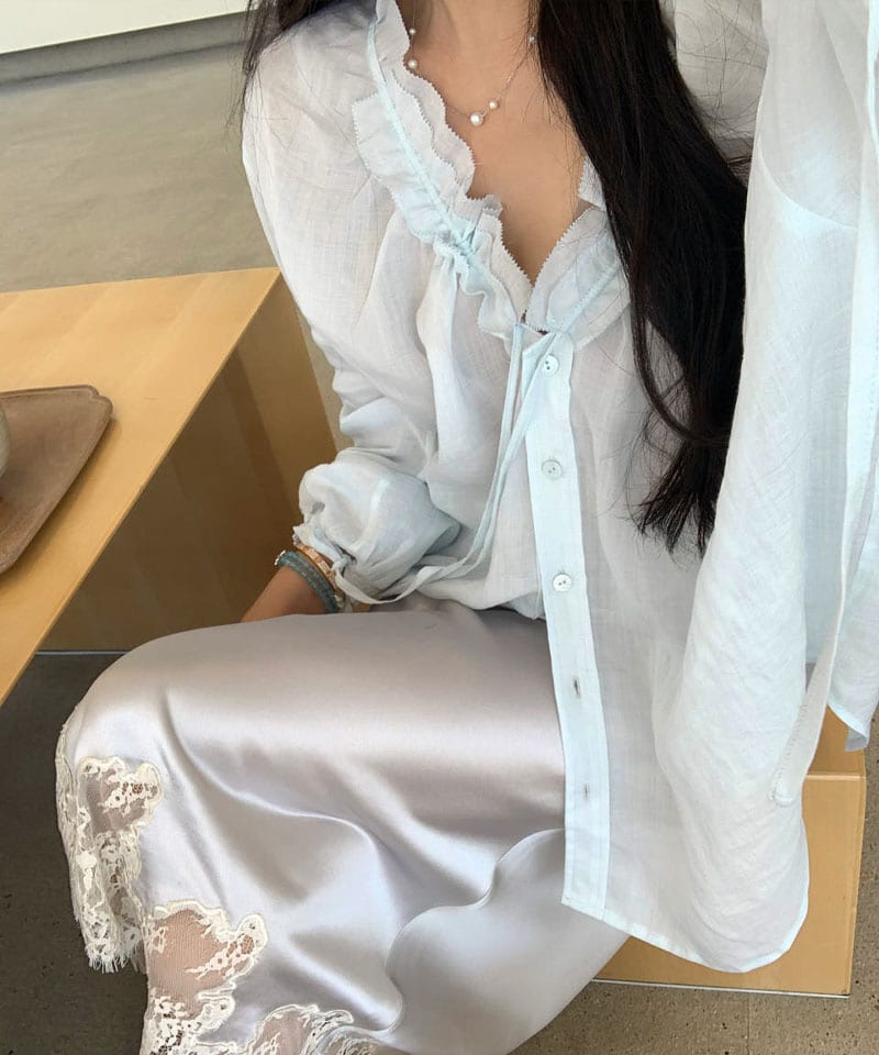 린넨 러플 브이넥 라이트 블라우스 추가 이미지 5
