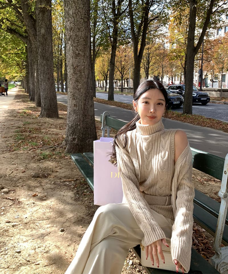 터틀넥 벨티드 민소매니트 가디건 세트 (개별선택) 대표 이미지