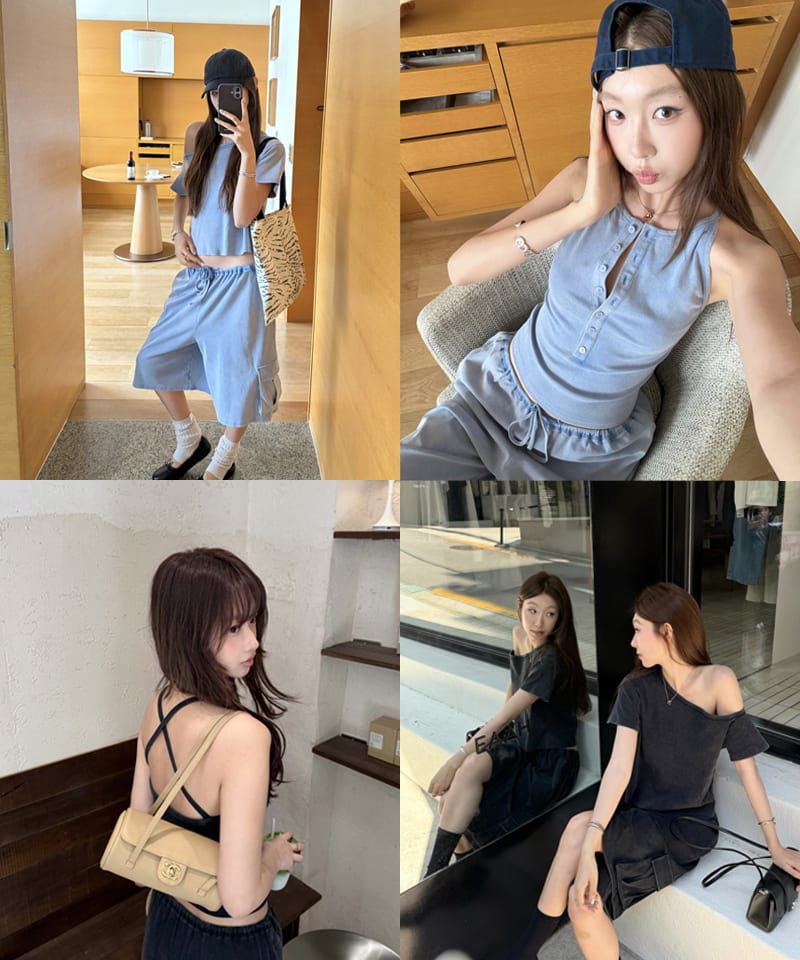 워시드 원숄더탑 백스트랩 버뮤다팬츠 (개별선택) 대표 이미지