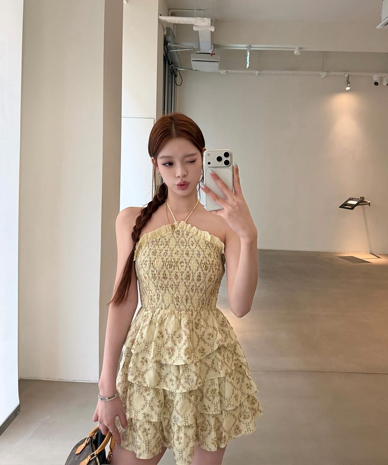 프릴 티어드 백리스 홀터 미니원피스 대표 이미지