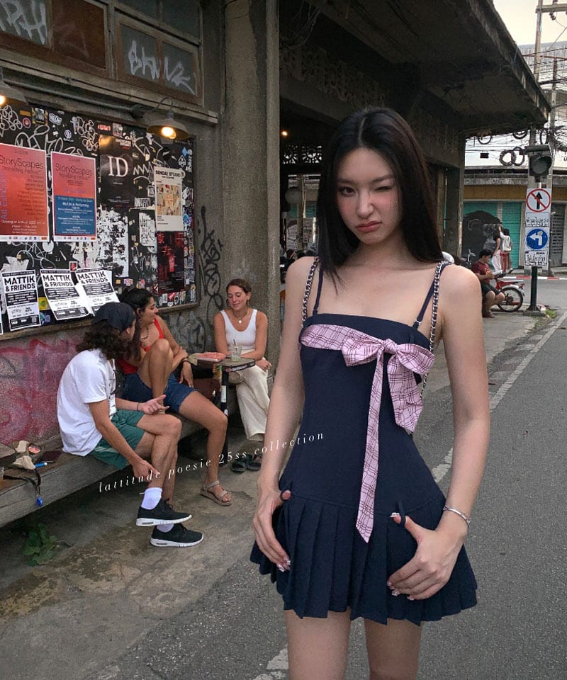 체크핑크 리본 플리츠 미니원피스 대표 이미지
