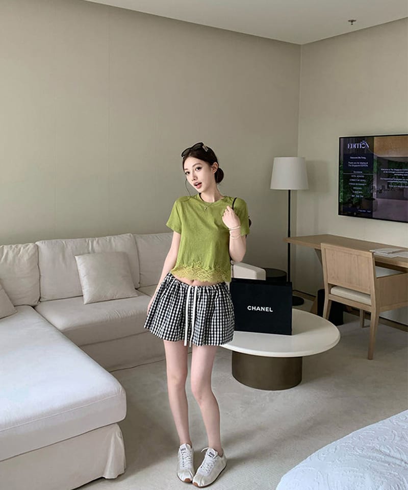 레이스 헴 세미크롭 반팔탑 추가 이미지 1