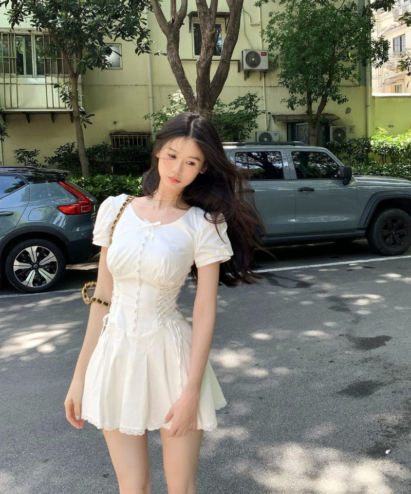 화이트 레이스 코르셋 반팔 미니원피스 - S 빠른배송 대표 이미지