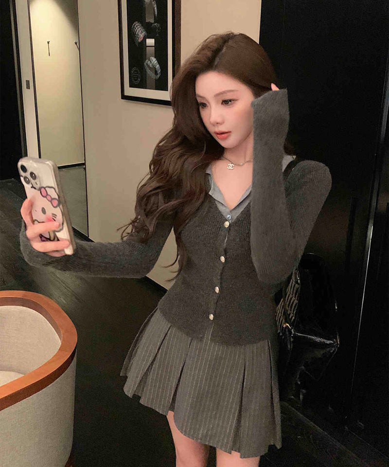 페이크 가디건탑 수트 스커트 투피스 대표 이미지