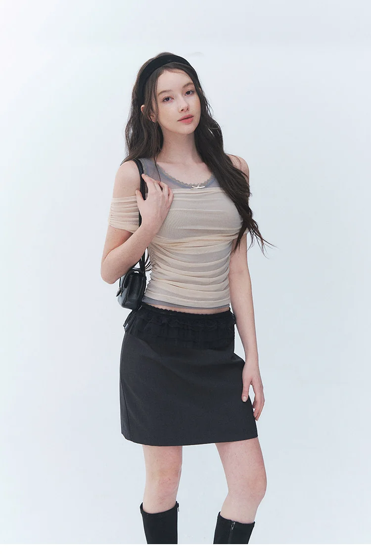 [벨님 착용] 레이어드 메쉬 셔링 오프숄더 탑 상세 이미지 6