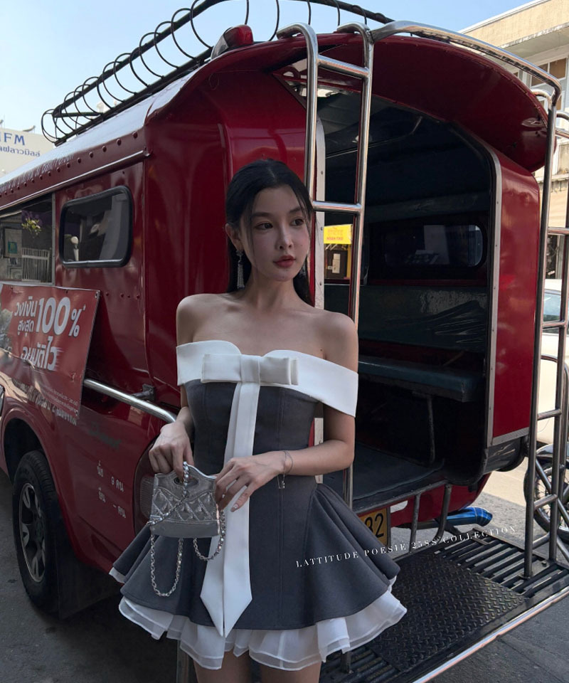 빅리본 오프숄더 셔링 미니원피스 대표 이미지